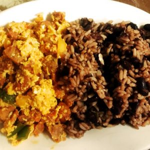 Huevos con Chorizos . scrambled eggs with chirizo, rice and beans