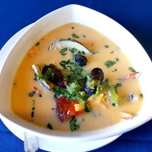 Sopa de Mariscos. seafood soup,crab,shrimps,clam,mussels,seafood broth,touch of cream